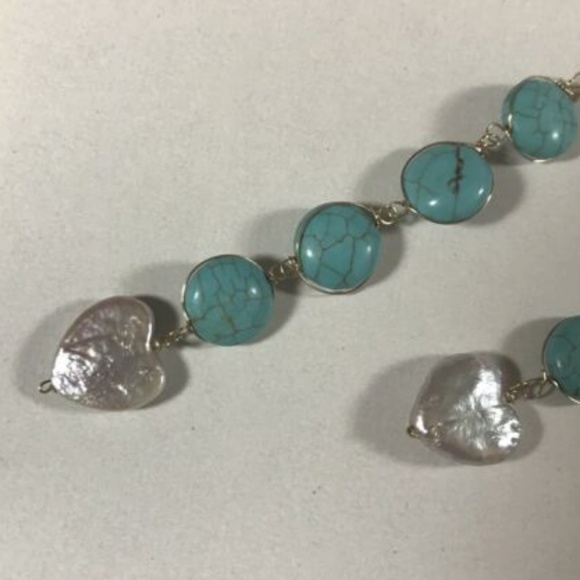 Turquoise and Perl Dangling Earrings Gold Filled - Picture 4 of 6